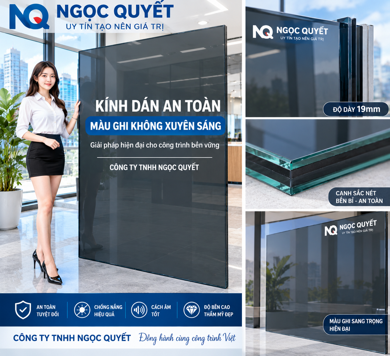 Kính dán an toàn màu ghi không xuyên sáng Ngọc Quyết, độ dày 19 mm, cách âm và chống nắng hiệu quả